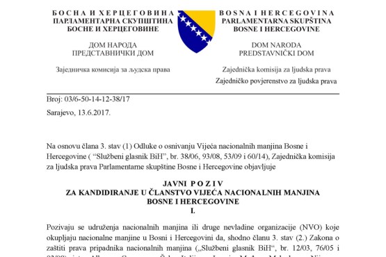 Заједничка комисија за људска права објавила Јавни позив за кандидовање у чланство Савјета националних мањина БиХ